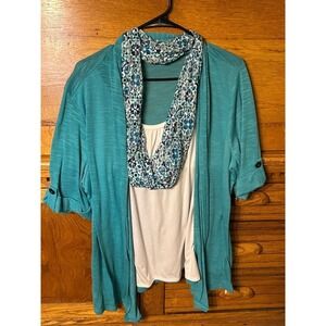 Kim Rogers Curvy Boho Teal Cardigan‎ Set Roll Tab Sleeve Tank Top Infinity Scarf